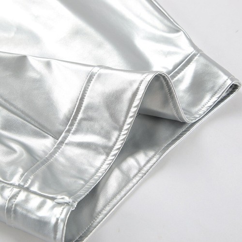Women Shiny Silver Faux Leather Skirt Bodycon High Split Punk Club Sexy Modern - Picture 13 of 18
