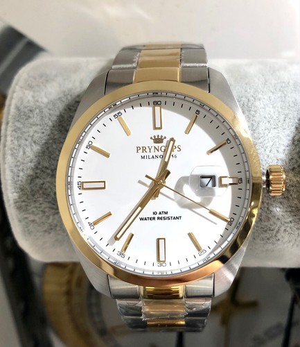 Orologio Pryngeps da uomo classico bracciale acciaio oro quarzo 39 mm lente  data | eBay