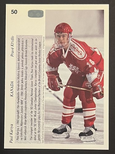 1991-92 UPPER DECK PAUL KARIYA #50 CZECH ROOKIE RC WORLD JUNIORS TEAM CANADA HOF - Picture 2 of 2