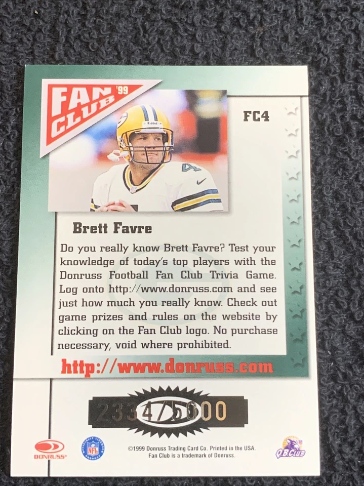 1999 Donruss Fan Club Brett Favre #/5000 Packers #FC4 - Image 4 of 4