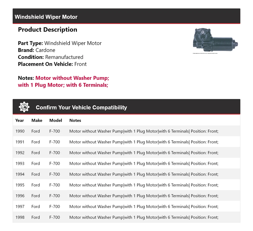 For 1990-1998 Ford F-700 Windshield Wiper Motor Front Cardone 1991 1992 1993 - Image 2 of 4