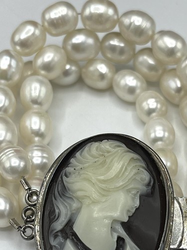 vintage cameo 925 silver 3 strand glass pearl beaded bracelet repurposed piece - Picture 3 of 14