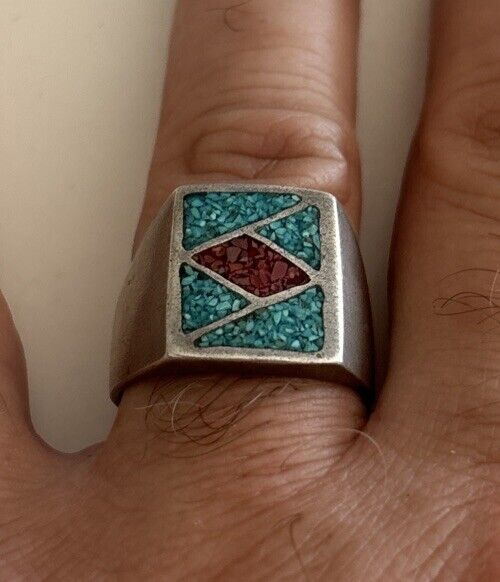 Tremendous Vintage Navajo Coral Sterling Silver Native American Ring Old Tremendous Vintage Navajo Coral Sterling Silver Native American Ring Old