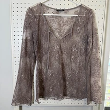 Moda International Sheer Blouse Women Beige Floral Lace Tie-Neck Long Sleeve Top