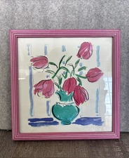 Sally Huss Signed Original Hand Painted Pink Tulips Vase Still Life Framed