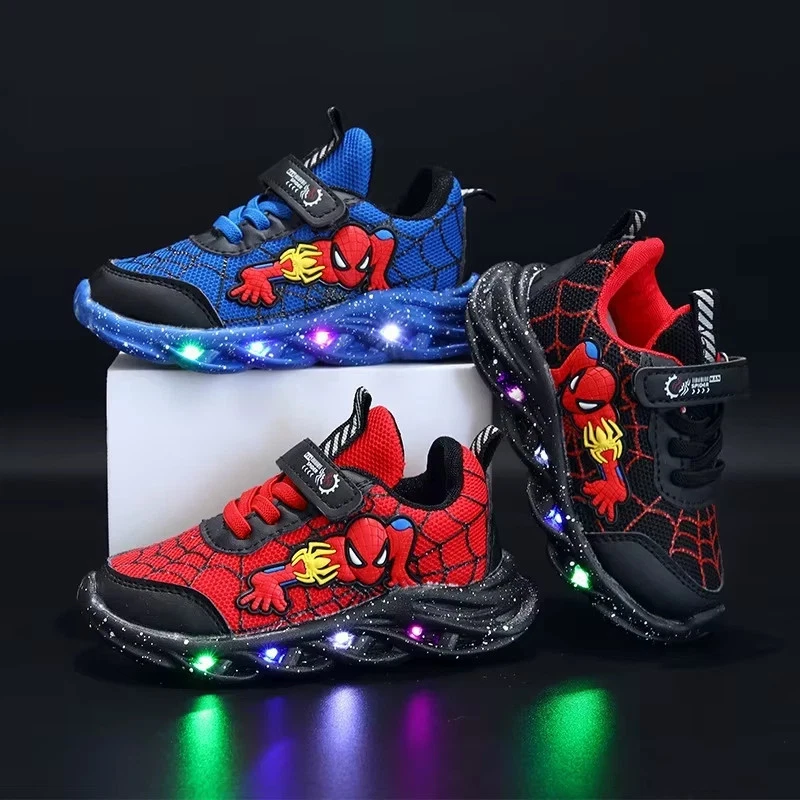 Disney LED Casual Sneakers Red Black for Spring Boys Spiderman Mesh Outdoor Shoe