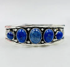 925 Sterling Silver 5 Oval Lapis Lazuli Gemstone Handmade Jewelry Cuff Bracelet
