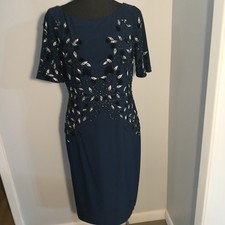Adrianna Papell Dress Sz 10 Navy Short SleeveEmbroidered Beaded KneeLength Event