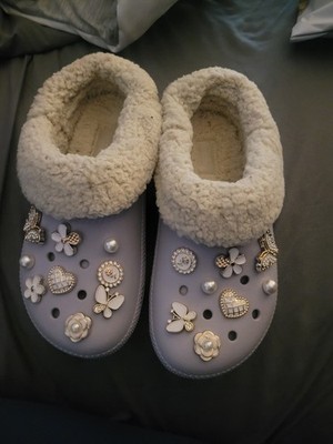 Crocs Lavender Faux Fur Lined Women's Slip-On Slippers, Butterfly Accents, 7
