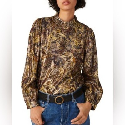 ba&sh Women's Long Sleeve Metallic Baroque Floral Print Calo Blouse Size Medium