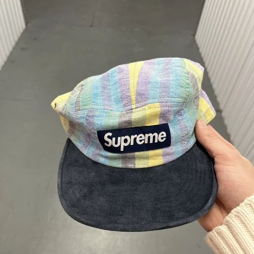 *Neuve avec étiquette* Casquette de camp Supreme SS14 rayée lin/suède 5 panneaux taille unique