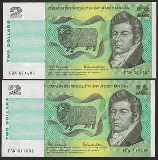 AUSTRALIA 1966 COOMBS & WILSON "C of A" $2 NOTES CONSEC PAIR UNC Valued at $260