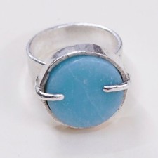 Sz 8, Vtg Sterling Silver Handmade Ring, 925 Silver Ring W/ Round Larimar