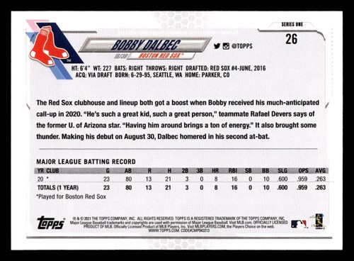 2021 Topps Bobby Dalbec #26 Boston Red Sox Baseball Card - Picture 2 of 2