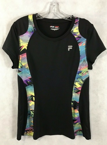Fila Sport Athletic Top Workout Black Stretch Abstract Inset Short Sleeve Size M - Picture 6 of 11