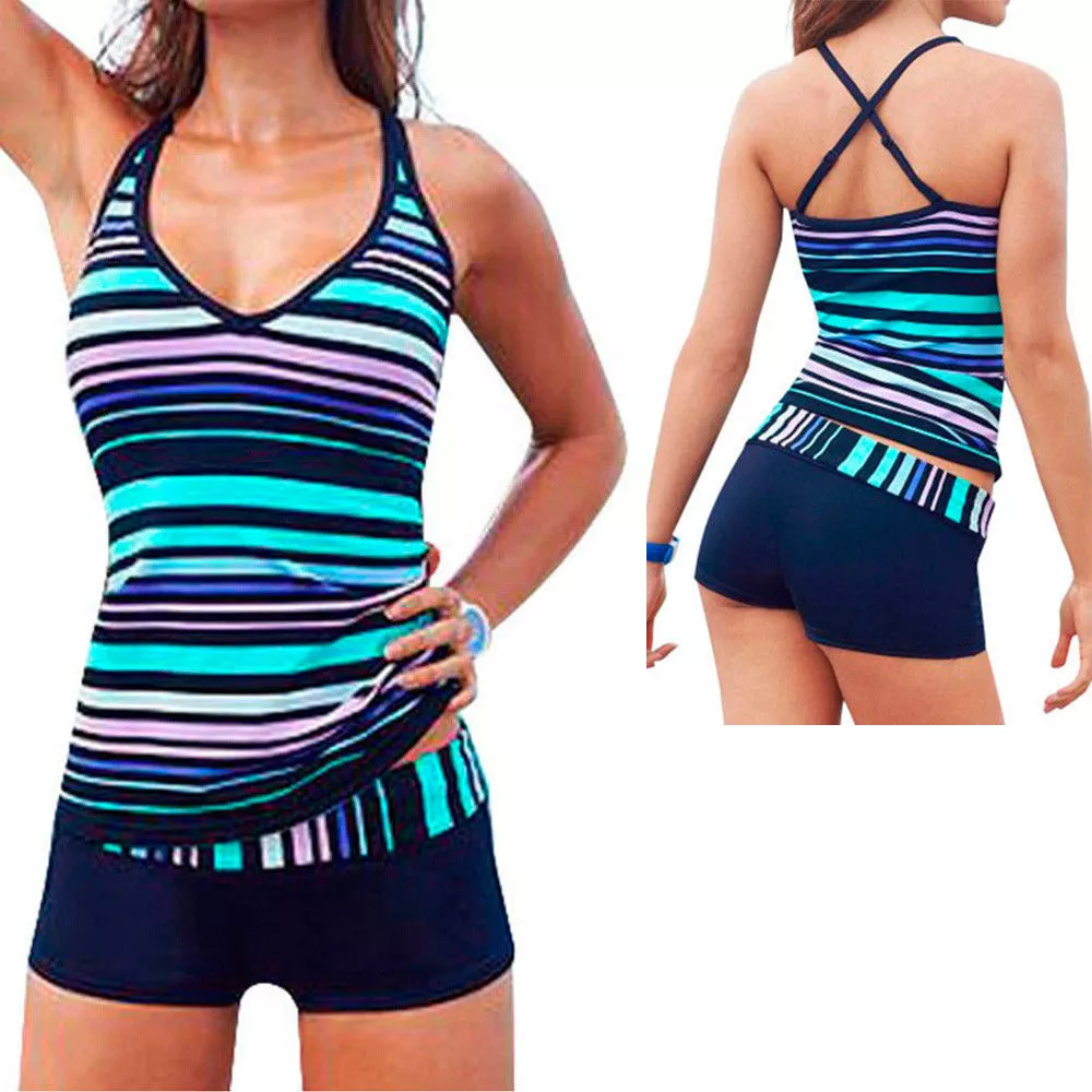 Women Sporty Tankini Sets With Boy Shorts Swimwear Two Piece Swimsuit UK  6-20