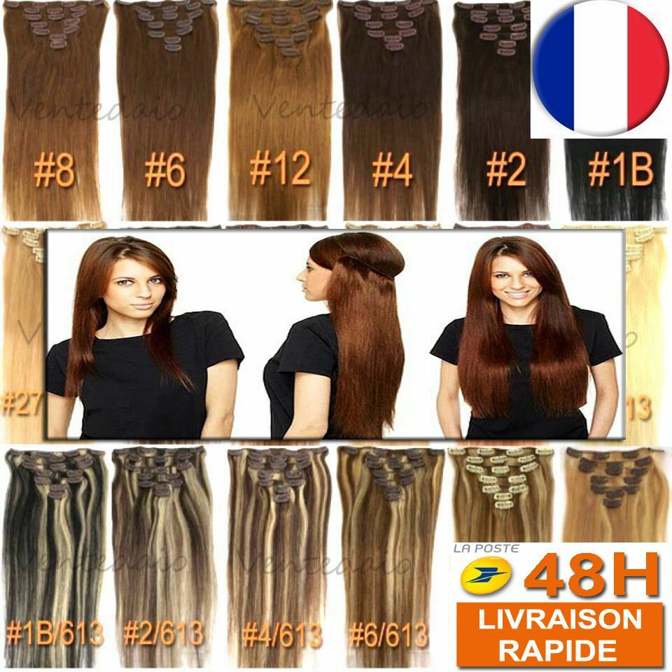 Extensions De Cheveux à Clips 100% Naturels Remy - 2/4/6 Bandes, 49-60cm - Neuf