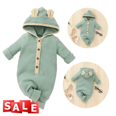 Newborn Baby Boy Girl Knitted Hooded Romper Jumpsuit Bodysuit