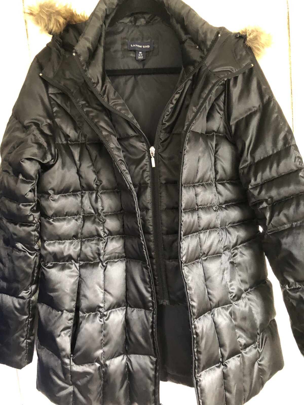 Lands' End Goose Down Dark Grey Womens Parka Coat Double Zip Size Med