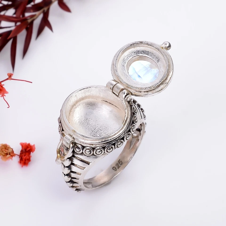 Anillo venenoso hecho a mano de piedras preciosas de luna naturales anillo venenoso de piedra lunar de plata 925 Foto 3 de 4