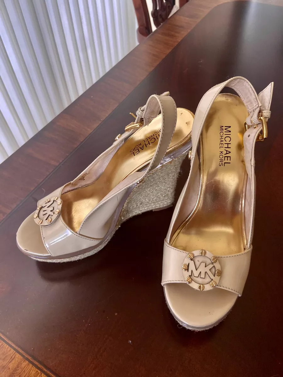 MICHAEL Michael Kors Beige Patent Leather High Heels Wedge Slingback  Sandals Sz8