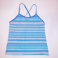 Nike Girls Tankini Swim Top Size 14 Blue Orange White Stripe Cross Back