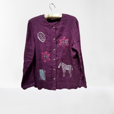 Vintage Studio Ease Women's Linen Jacket with Purple Stamped Designs Made in USA