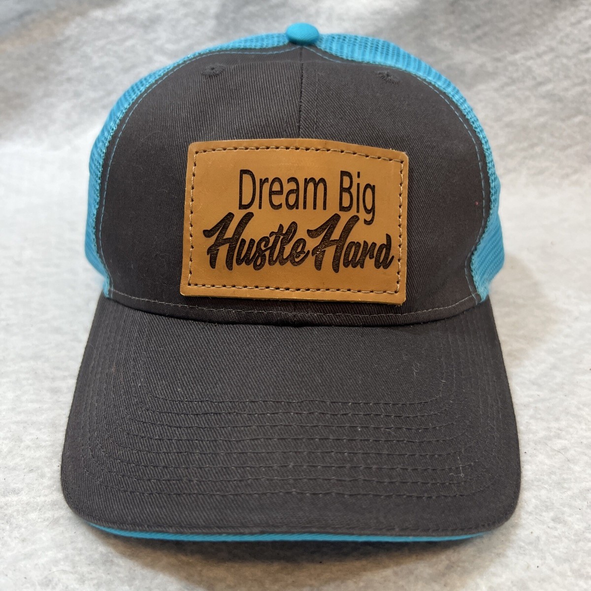 Dream Big Hustle Hard Baseball Cap Hat Gray Turquoise Mesh Back Patch  Handmade