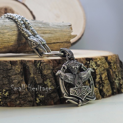 Odin's Huginn and Muninn Ravens Necklace - Stainless Steel Norse Pendant Chain - Picture 3 of 8