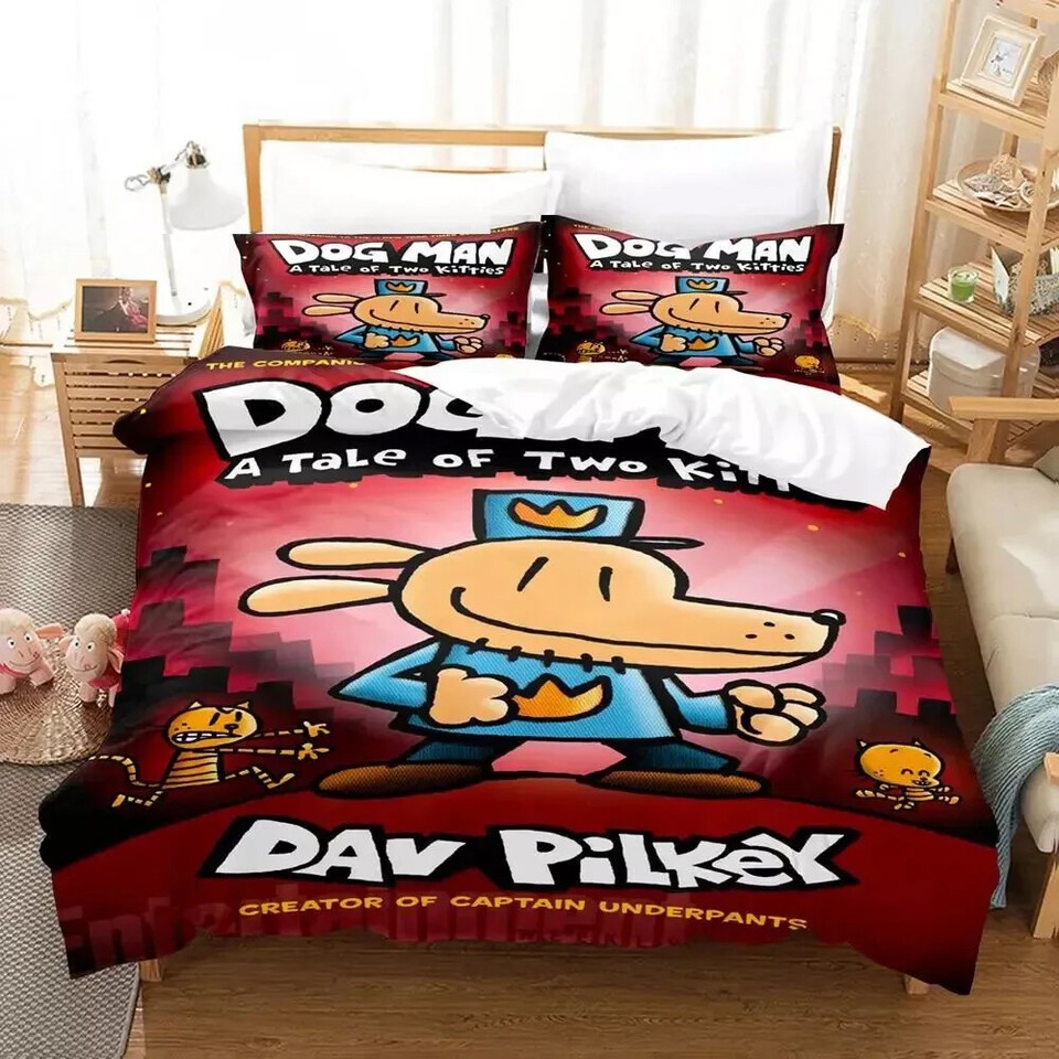 Dog Man and Cat Kid Bedding Set Boys Girls Twin Full Bed Duvet Cover