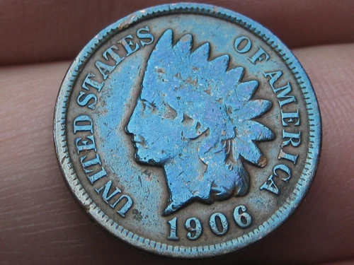 1906 Indian Head Cent Penny- Fine Details, Blue Toned Obverse