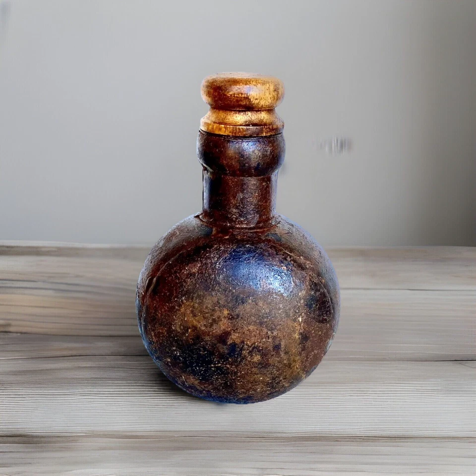 Antique Iron Water/Oil Bottle with Wooden Stopper, India 7+" Tall - Image 2 of 4