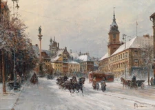 Horse carriage running on old Warsaw street Oil painting Printed on canvas L2552