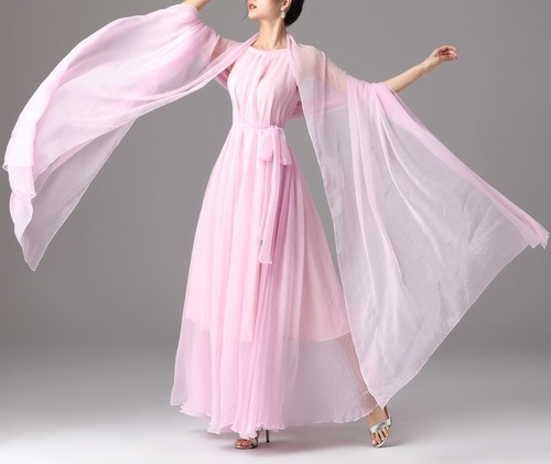 Maya Antonia Maxi Abito in Chiffon con Sciarpa, Viola Floreale/Senza Maniche/Fluido - Foto 8 di 8