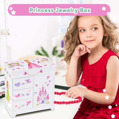 Jewelry Box for Girls with 3 Drawers - Musical Princess Jewelry Box with White - Bild 5 von 7
