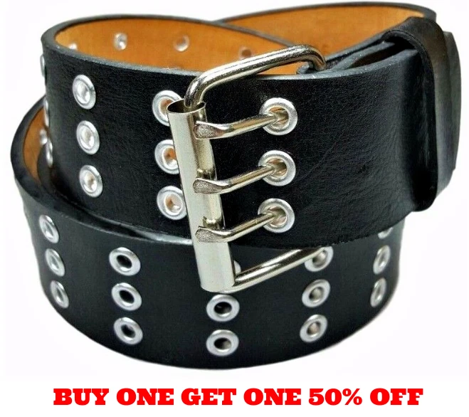 Unisex Genuine Leather Three Row Silver Grommet Holes Black Belt S