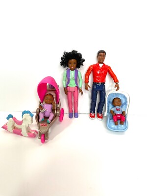Fisher Price Loving Family Dolls 2002 African American Dad Mom 2 Babies Stroller