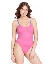 Colsie Sleeveless Thong Bodysuit w/ Mesh Panels Size M, Pink With Blue Trim