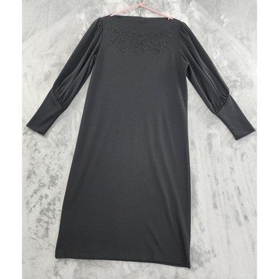 Vintage 80s IFI Beaded Wide Neck Bishop Sleeve Stretch Shift Dress Size L Black