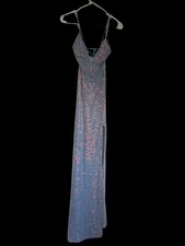 Lulus Blue Sequin Mesh Strappy Prom Dress Corset Back Formal S