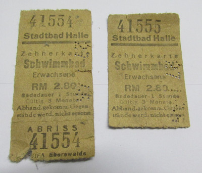 2 x alte Eintrittskarte Stadtbad Halle/S. Auspreisung noch in RM Reichsmark 1945