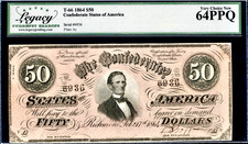 1864 Confederate States of America $50 Banknote T-66 LCG Choice 64PPQ