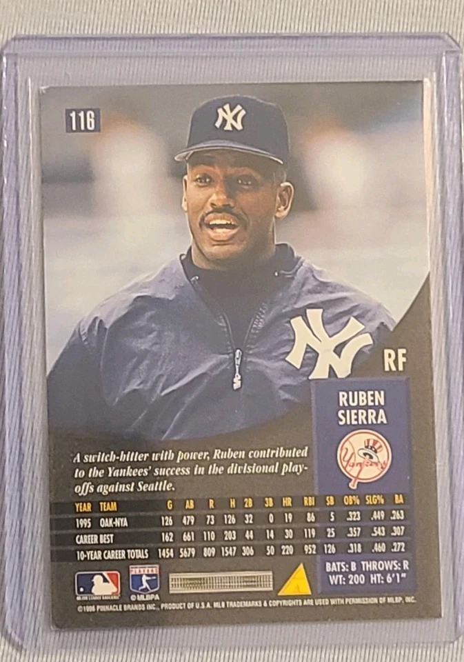 1996 Pinnacle #116 Yankees Ruben Sierra Baseball Card - Image 2 of 2