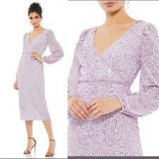 Mac Duggal 107641 Lavender Purple Sequined Long Sleeve V Midi Dress Evening 4