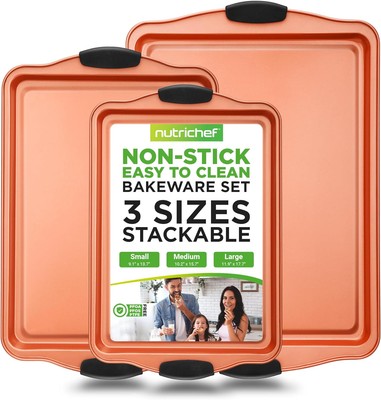 NutriChef 3 Piece Baking Pan Set - PFOA, PFOS, PTFE Free 3 Set, Copper 
