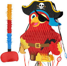 Foldable Pirate Piata for Boys - Extendable Yellow Parrot with Blindfold Bat and