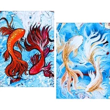 2 Pcs ACEO Original Acrylic Fishes Animals Nature Mini Art Set Hand Painting NEW