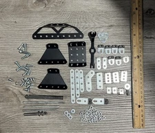 Early Meccano Erector Building Pieces Metal Brackets Screws Nuts Washers 90 Pcs 