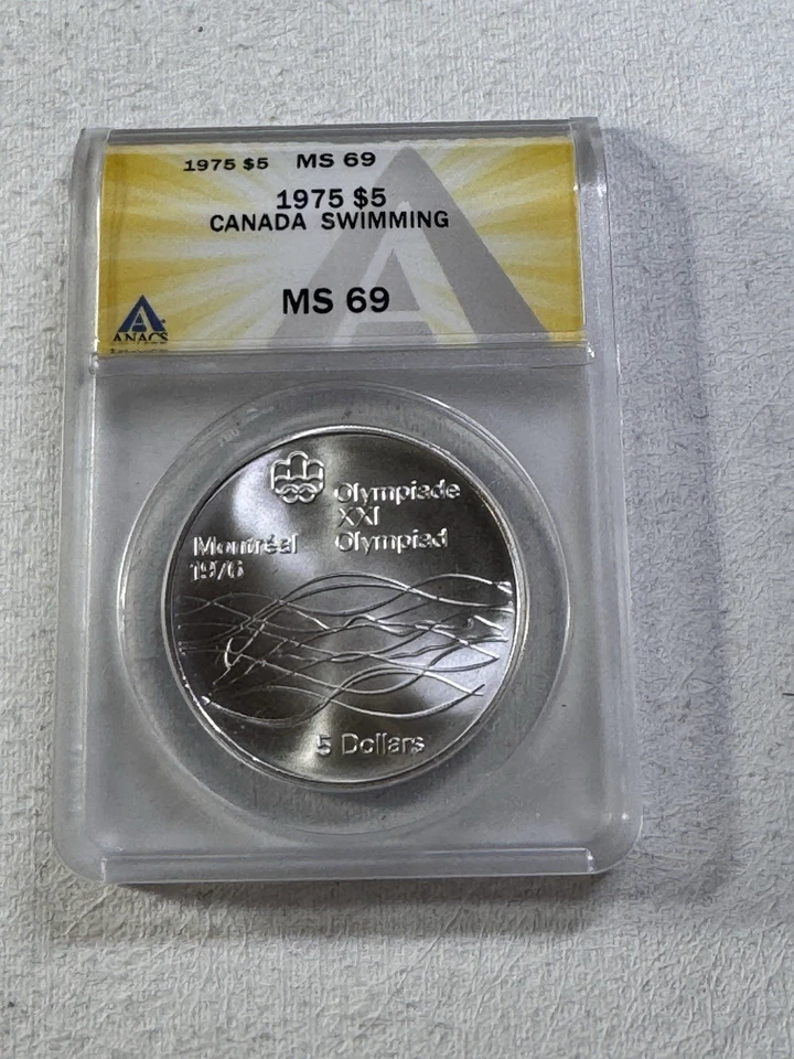 1975 Canada $5 Swimming Olympic Silver Commemorative Graded MS 69 by ANACS - Image 4 of 4