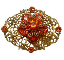 Vtg Gold Tone Filigree Orange Rhinestone Flower Brooch Pin Ornate Mid Century.